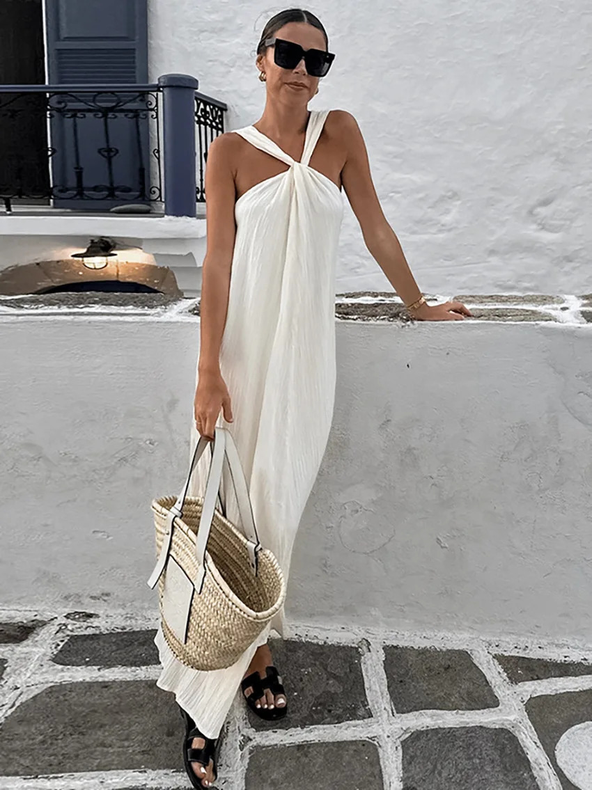 Elegant and Beautiful Womens Dress Causal Communte Sexy Solid Hanging Neck Knot Strap Maxi Dresses Summer Lady Vacation Robe 240628