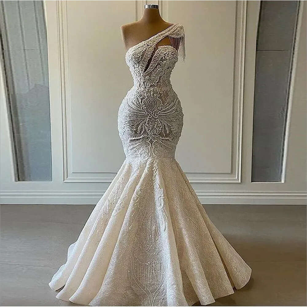 Gowns Pearls Wedding Mermaid Lace New Bridal Dresses Beaded Sexy One Shoulder Tassel Custom Made Arabic Dubai Robe De Mariee 6660311