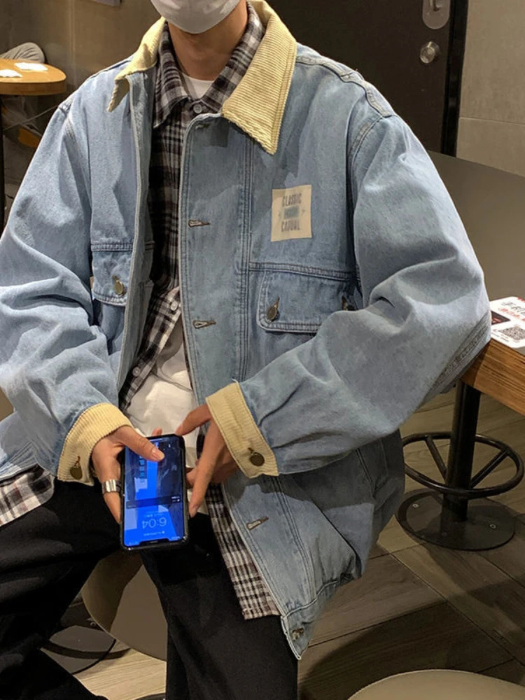 Gmiixder Japan Retro Lapel Denim Jacket Cityboys Punk Loose Autumn Hong Kong Style Hip Hop Handsome Stitching Jeans Coat 240701wtt