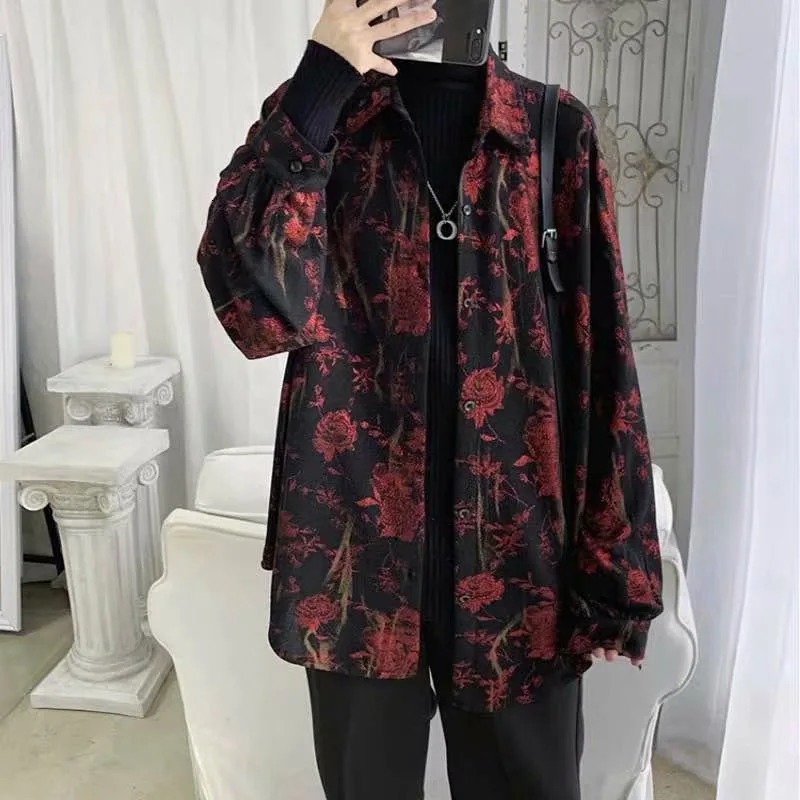 Korean Fashion Long Sleeve Men Streetwear All-match Handsome Stylish Teens Shirt Spring Retro Temperament Hawaiian Mens Shirts 240704