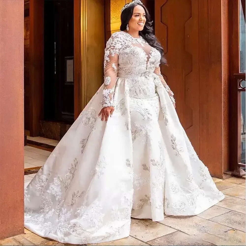 Mermaid Size Gorgeous Bridal Plus Wedding Dresses Gown With Detachable Train Long Sleeves Lace Applique Custom Made Jewel Necke Vestido De Novia