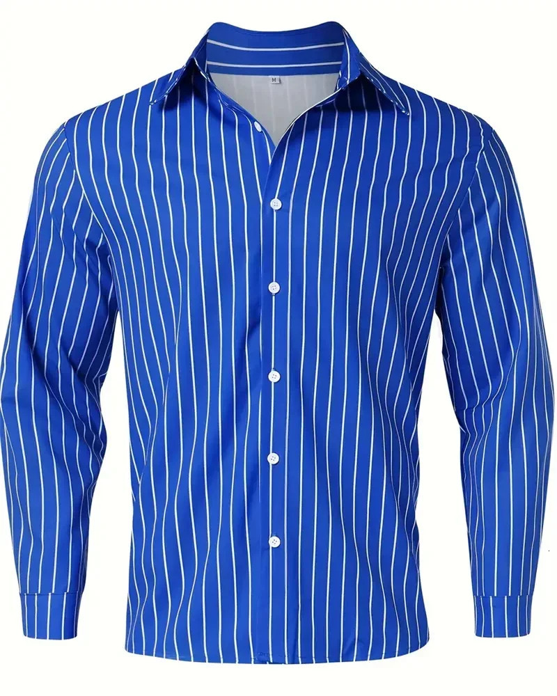 Mens Fashion Loose Striped Shirt Casual Breathable Polo Collar Button Long sleeved Shirt Top Comfortable Soft Fabric Large 6XL 240704