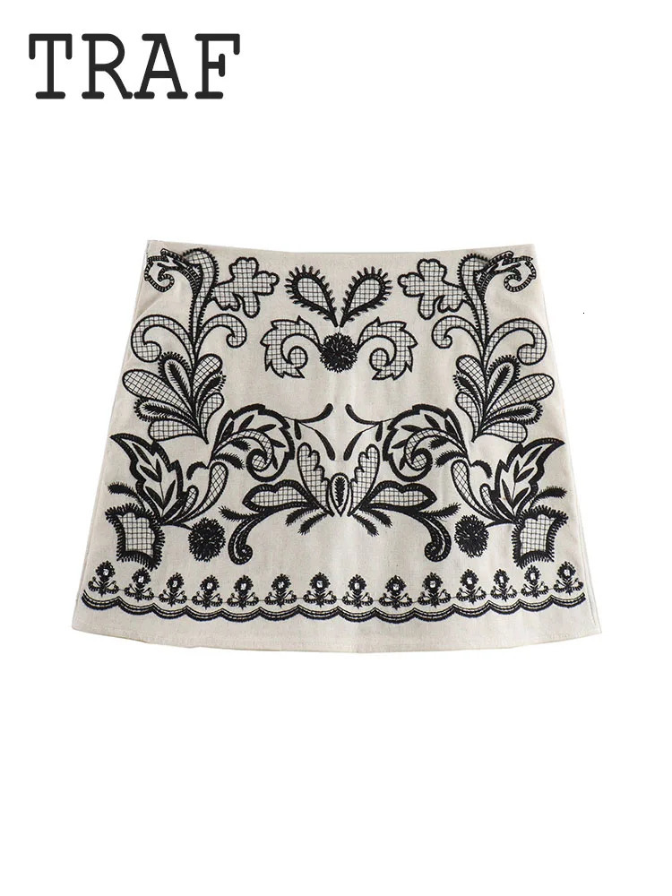 TRAF Cotton And Linen Embroidered Mini Skirts Sets 2024 Fashion Hanging Collar Top Women Suit Two Piece Set Women Outfit 240703