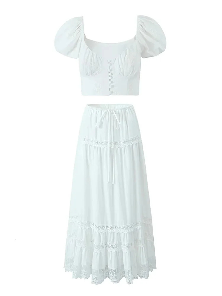 Foridol Flower Embroidery White Dress Set Women Summer Cotton Skirt Matching Set 2 Pcs Outfits Lace Decor Holiday Beach Dress 240703