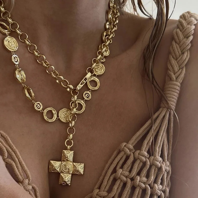 Swirling cross statement necklaces stainless steel necklaces for women vintage chunky stainless steel jewelry non tarnish 240624