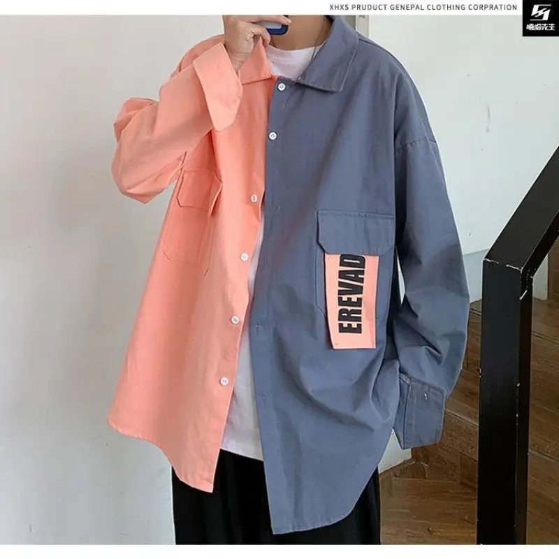 Spring and Autumn Leisure Simple Flip Collar Letter Print Panel Contrast Loose Oversized Long Sleeved Mens Shirt Coat 240704