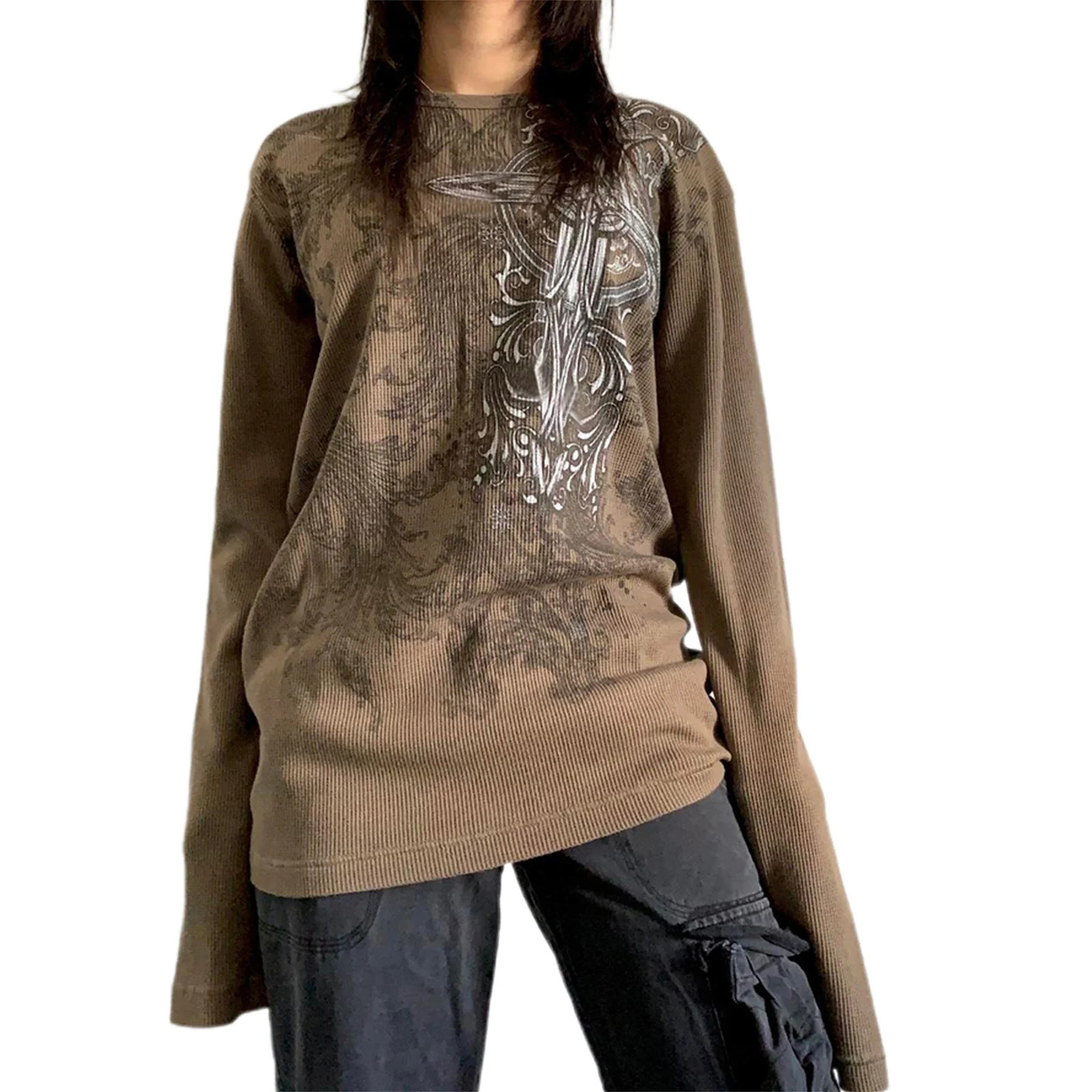 y2k Fairycore Grunge Tops Gothic Aesthetic 90s Clothes Women Vintage Graphic Floral Print Long Sleeve Kawaii T Shirts Tees Tops 240626