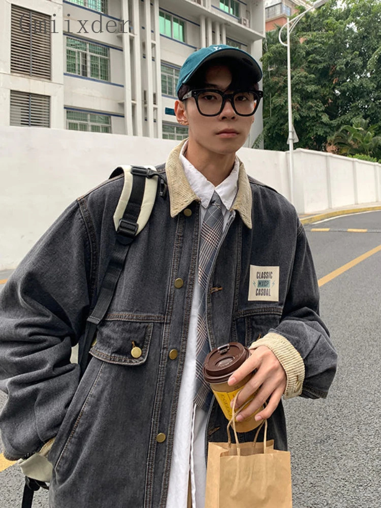 Gmiixder Japan Retro Lapel Denim Jacket Cityboys Punk Loose Autumn Hong Kong Style Hip Hop Handsome Stitching Jeans Coat 240701wtt