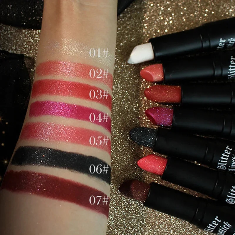 7 Colors Waterproof Diamond Glitter Lipstick Long Lasting Moisturizing Shiny Pearlescent Nude Red Lipsticks Lips Makeup Cosmetic 240705