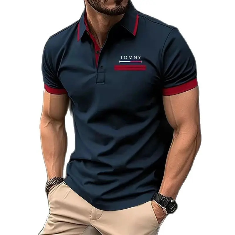 TOMNY Shirt Polo Daily Men Striped Knit Polos Polyester Polo Shirts Tops 240703