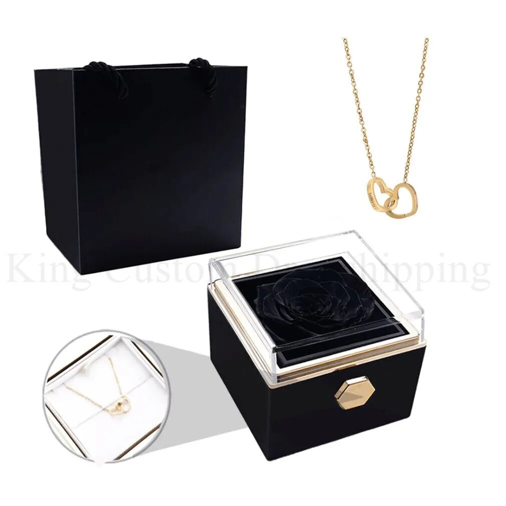 Eternal Real Rose box Preserved Rose Double Heart Custom Engraved Name Steel Necklace for Valentines Birthday Jewelry Gift 240626