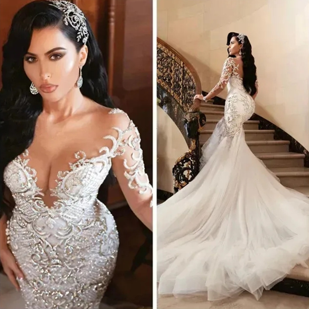 Princess Sparkly Wedding Scoop Long Sleeves Beaded Appliqued Lace Women Bridal Gowns New Vestido De Novia Custom Made Brides Dress 6660312
