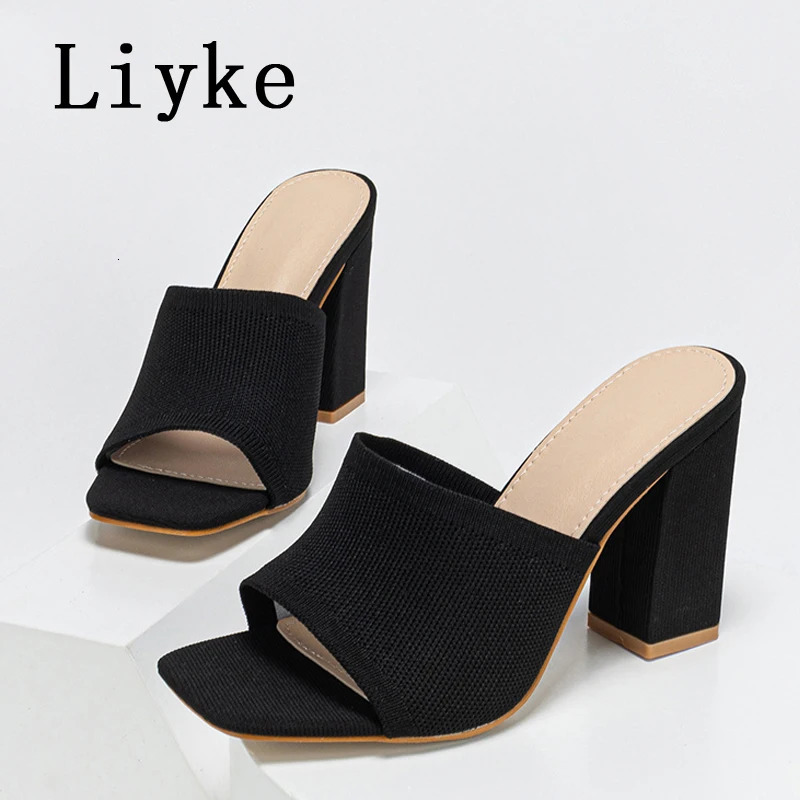 Liyke Big Size 42 Square High Heels Women Slippers Cozy Knitted Stretch Fabric Wide Band Open Toe Shoes Ladies Summer Sandals 240704