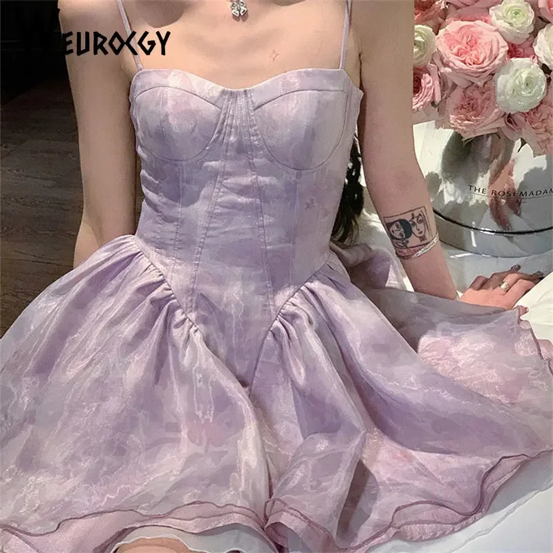 Women Dress Summer Korean Edition Style Retro Sexy Slim Vintage Chiffon Sling Breast Wipe Backless Square Collar 240628