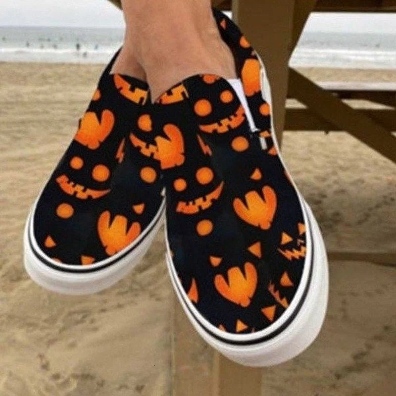 2025 new Halloween Pumpkin Size 43 Autumn Skeleton Printing Flats Women Slip-on Lazy Canvas Shoes Loafers atos Mujer 240702