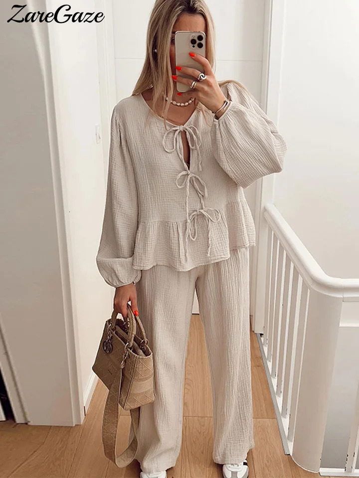 Casual Ruffle Bow Lace Up Shirts Pants Suit Women Loose O-neck Long Sleeve Leopard Shirt Wide Leg Pant 2024 Sping Summer Suits 240703