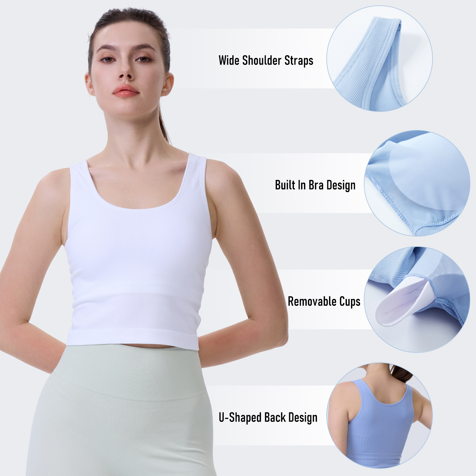AMRIY Women Tank Top Built in Bra Scoop Neck Workout Tops Ribbed Sports Bra Padded Seamless Crop Tops K2308