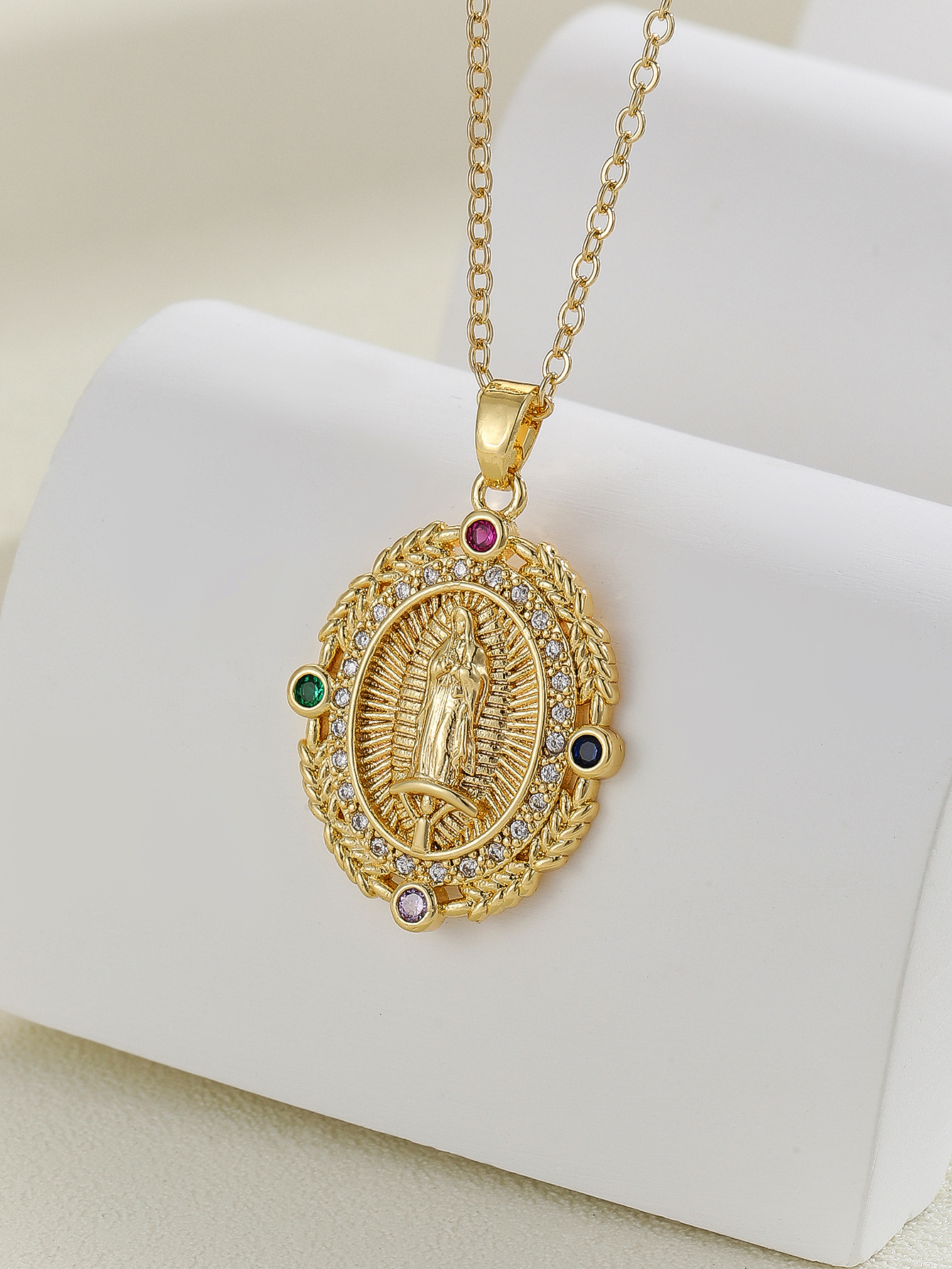 18k Gold Virgin Mary Madonna Necklace for Women Religious Jewelry Lady of Guadalupe Pendant Amulet Statue Cubic Zirconia CZ Necklaces Crystal Believe 