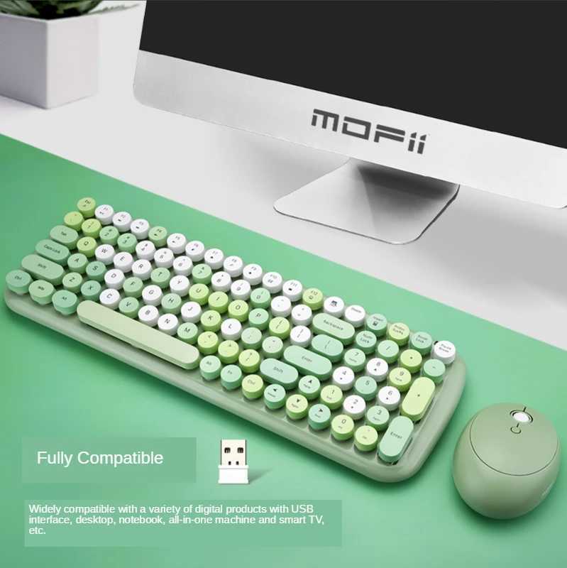 Keyboard Mouse Combos Cute Candy Color 2.4G Wireless Keyboard Mouse Combos USB Round Punk Keyboard and Optical Mouse Set kit For PC Laptop Gift Box