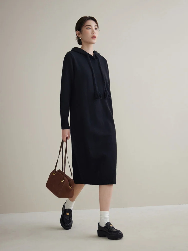 DUSHU Knitted Dress Winter Drawstring Hooded Black Mid Length Dress For Women Office Lady Casual Loose Dress 240703