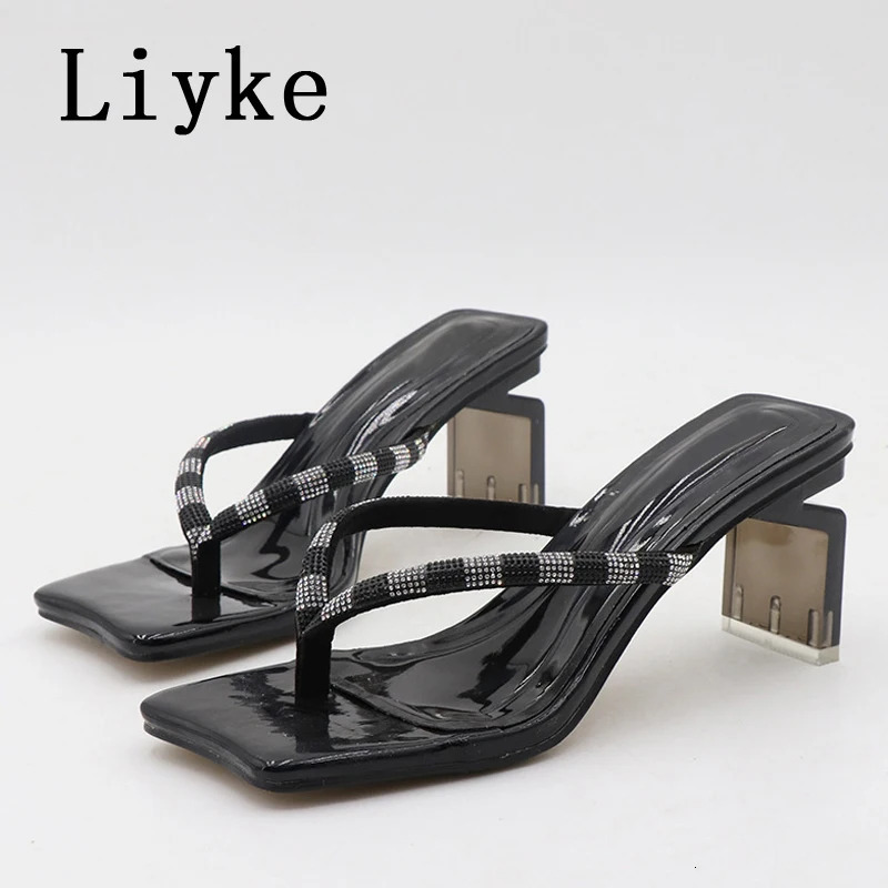 Liyke Size 36-42 Strange Style Transparent Heels Slippers Crystal Rhie Summer Sandals Sliders Shoes Women Flip ps New Pumps 240704