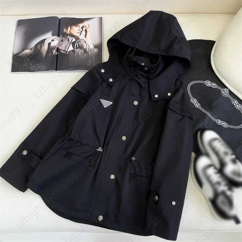 trench coat mid-length designer jacket Tricot Trim Black And White Color Scheme Drawstring Waist Long Sleeve Hooded jackets womens clothing