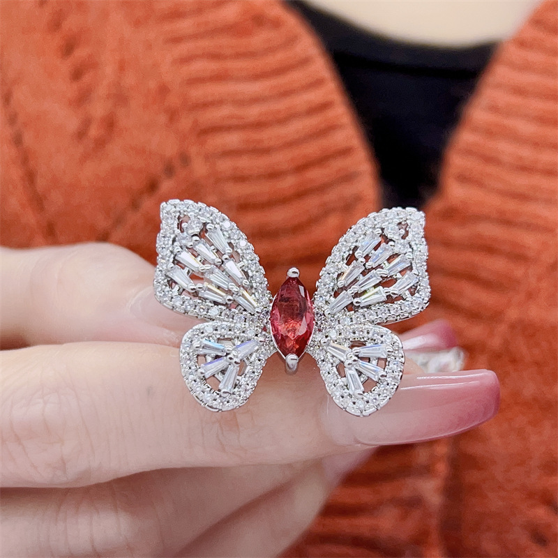Unique Marquise Red Garnet Adjustable Butterfly Ring in Sterg Sier