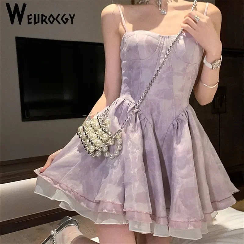 Women Dress Summer Korean Edition Style Retro Sexy Slim Vintage Chiffon Sling Breast Wipe Backless Square Collar 240628