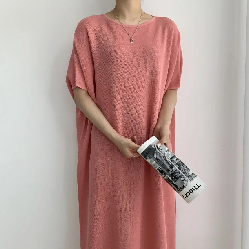 REALEFT Summer Casual Loose Knitted Womens Dresses Solid Short Sleeve O-Neck Black Knitwear Long Dress Female 240703