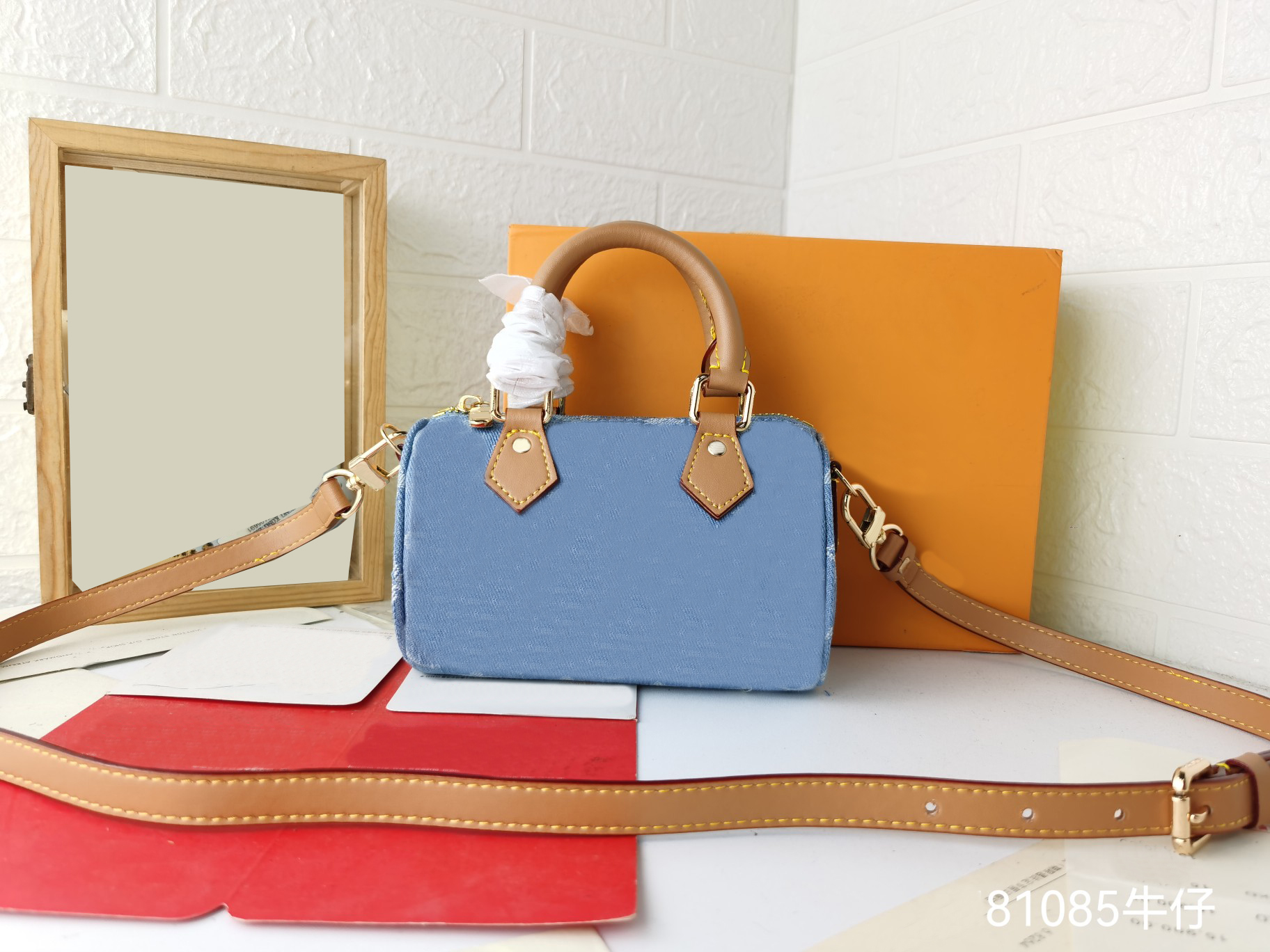 2024 Blue Denim Denim Pillow Bag Vintage Style Cowhide Leather Shaped Handle Detachable Shoulder Strap Single Shoulder Bag Handbag