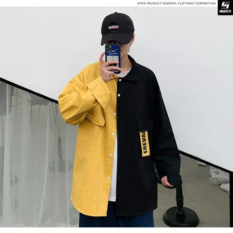 Spring and Autumn Leisure Simple Flip Collar Letter Print Panel Contrast Loose Oversized Long Sleeved Mens Shirt Coat 240704
