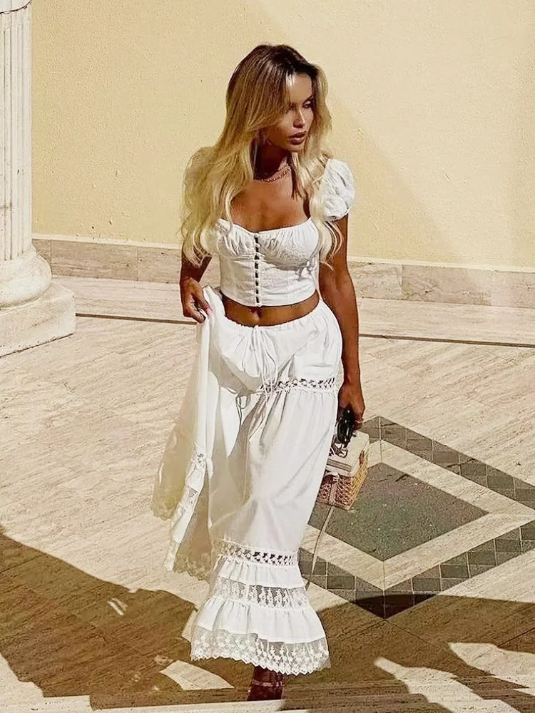 Foridol Flower Embroidery White Dress Set Women Summer Cotton Skirt Matching Set 2 Pcs Outfits Lace Decor Holiday Beach Dress 240703