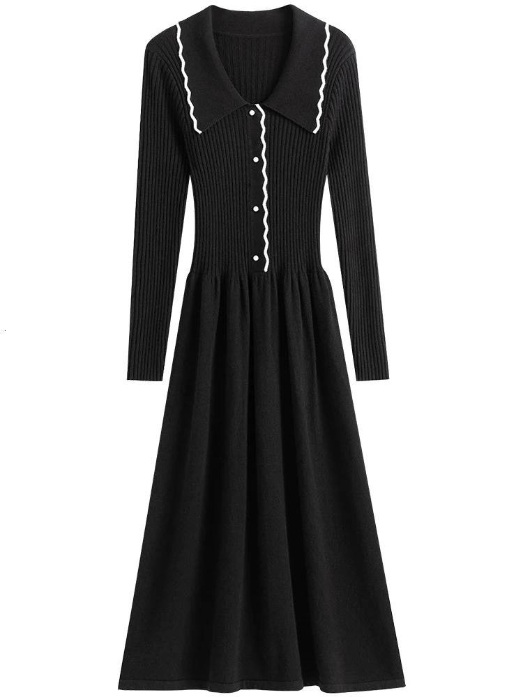 FSLE Women French Knitted Dresses Mid-length Retro Slim All-match Sweater Dress Buttoned Black Knitted Thin A-line Skirts 240703