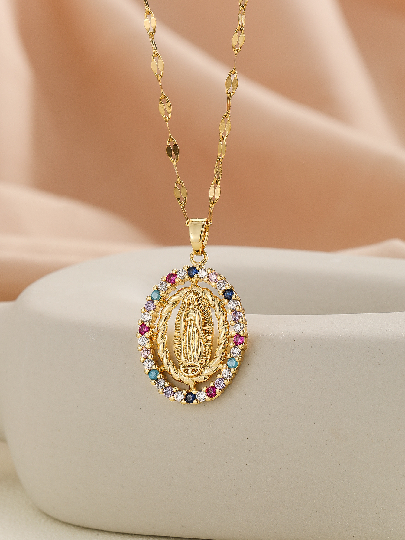 18k Gold Virgin Mary Madonna Necklace for Women Religious Jewelry Lady of Guadalupe Pendant Amulet Statue Cubic Zirconia CZ Necklaces Crystal Believe 