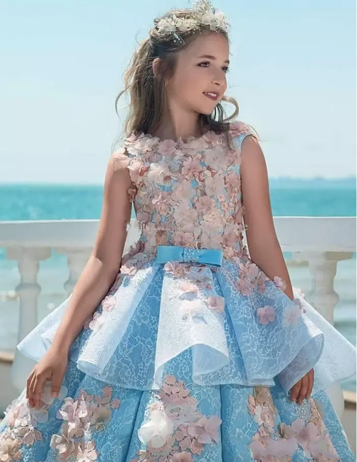 Lace Applique wer Dresses Jewel Sleeveless V-Back ral Appliques Girls' Party Gowns