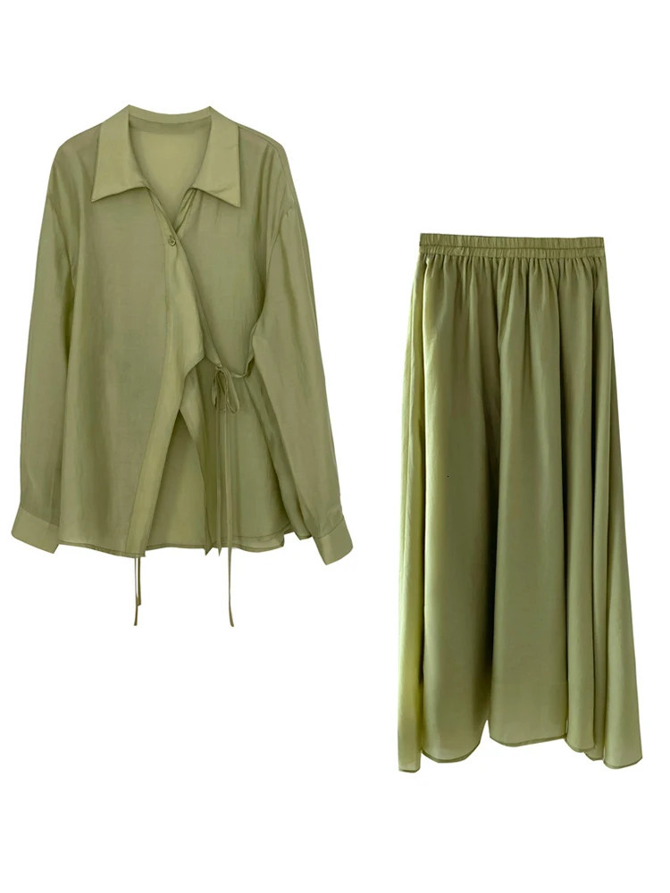LANMREM Sunscreen Twopiece Set For Women Lapel Solid Color Side Strap Blouses With Elestic Waist Skirt Summer 2Z1653 240701wtt