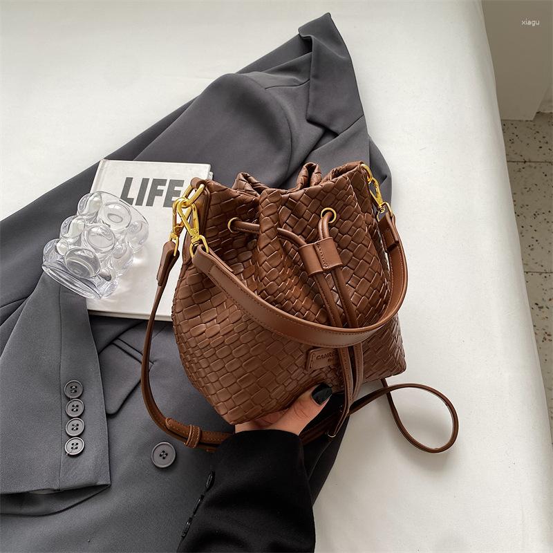 Drawstring Woven Bucket Bag For Women 2024 Autumn And Winter Single Shoulder Crossbody French Niche Design Handbag