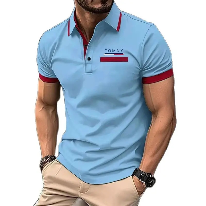 TOMNY Shirt Polo Daily Men Striped Knit Polos Polyester Polo Shirts Tops 240703