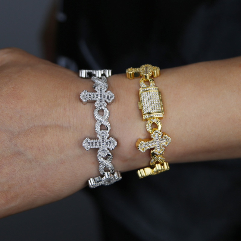 New Arrived High Quality Hip Hop Men Jewelry Micro Pave 5A CZ Iced Out Bling Infinity Cross Charm Cuban Bracelet