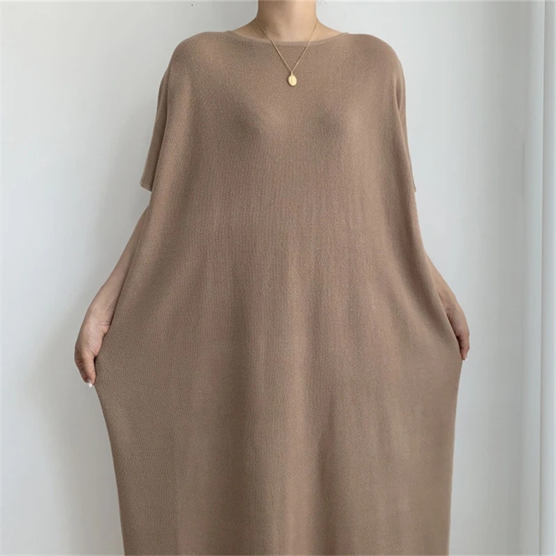 REALEFT Summer Casual Loose Knitted Womens Dresses Solid Short Sleeve O-Neck Black Knitwear Long Dress Female 240703