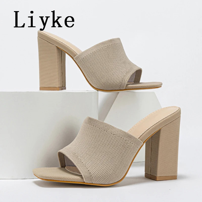 Liyke Big Size 42 Square High Heels Women Slippers Cozy Knitted Stretch Fabric Wide Band Open Toe Shoes Ladies Summer Sandals 240704