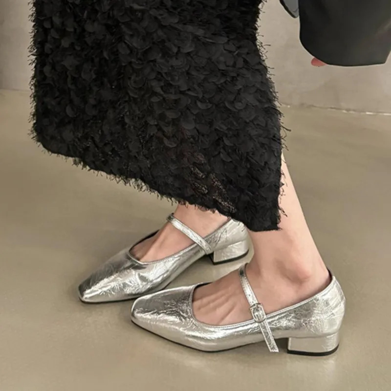 Womens Ballet Flats Pointed Toe Mary Janes Shoes Silver Low Heels Dress Shoes Woman Flats Black Gold Zapatos Mujer Spring 1790N 240705