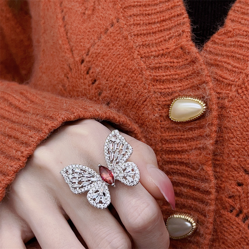 Unique Marquise Red Garnet Adjustable Butterfly Ring in Sterg Sier