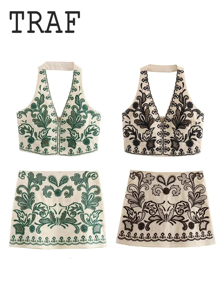TRAF Cotton And Linen Embroidered Mini Skirts Sets 2024 Fashion Hanging Collar Top Women Suit Two Piece Set Women Outfit 240703