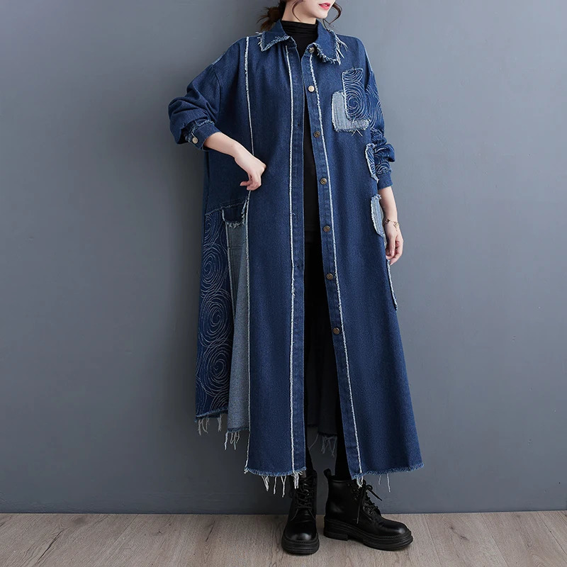 #2176 Black Blue Trench Coat Women Split Joint Denim Windbreaker Ladies Loose Retro A-E X-Long Overcoat Female Spring 240704