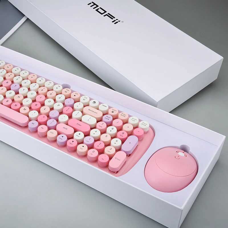 Keyboard Mouse Combos Cute Candy Color 2.4G Wireless Keyboard Mouse Combos USB Round Punk Keyboard and Optical Mouse Set kit For PC Laptop Gift Box