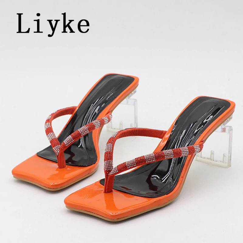 Liyke Size 36-42 Strange Style Transparent Heels Slippers Crystal Rhie Summer Sandals Sliders Shoes Women Flip ps New Pumps 240704