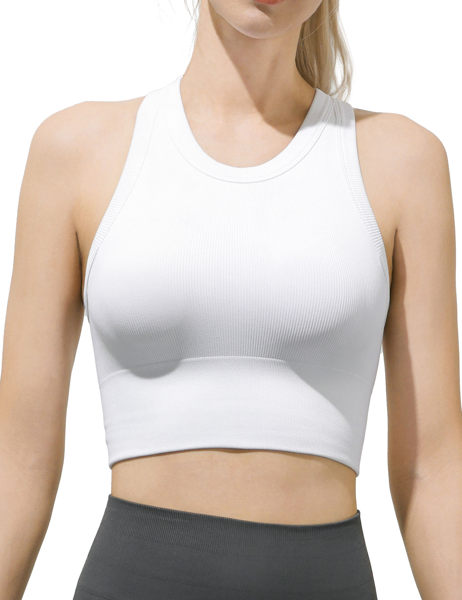 AMRIY Women's Seamless Ribbed High Neck Sports Bra - Removable Padded Yoga Tank Tops Fitness Workout Running Crop Tops B-S002