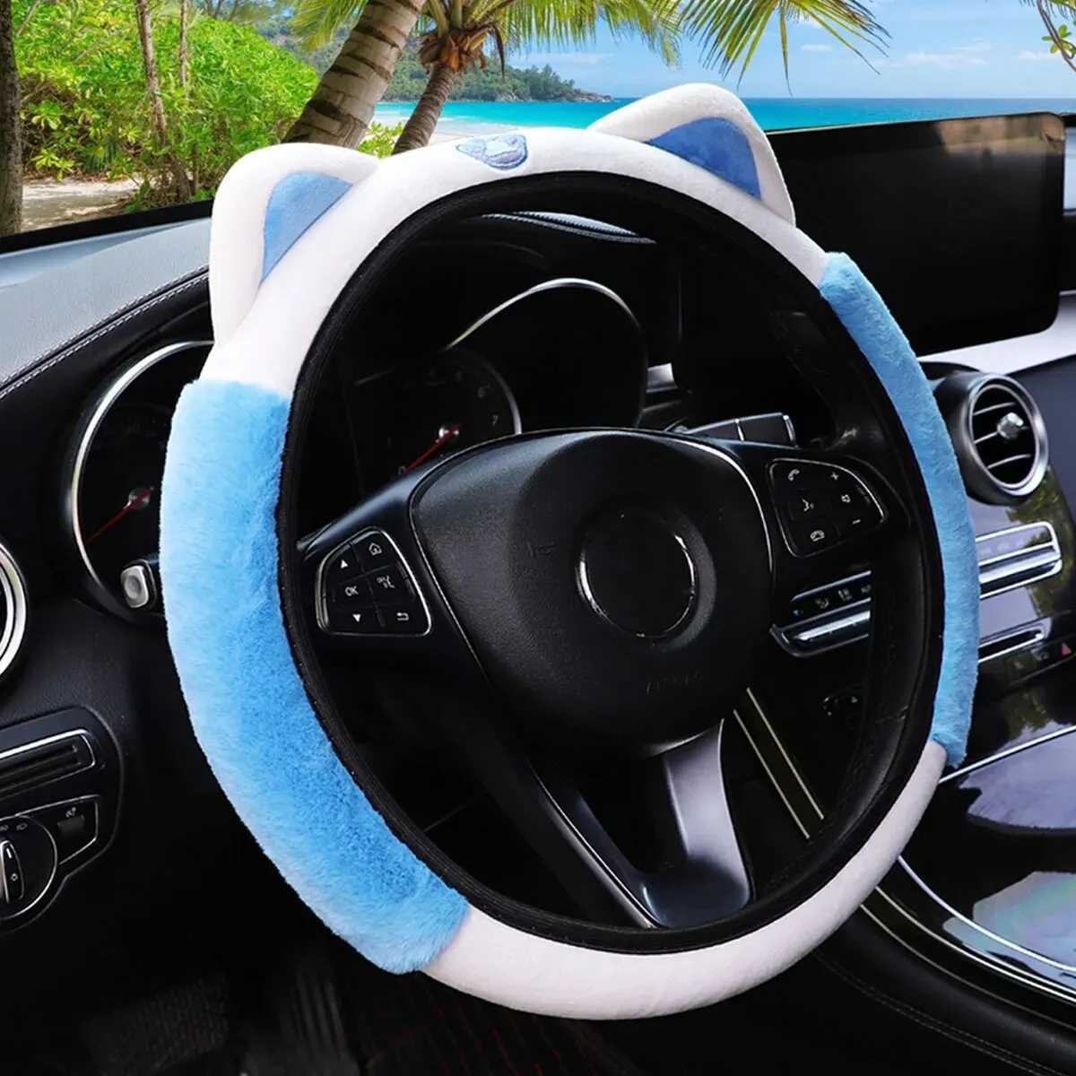 Steering Wheel Covers Cute Cartoon Plush Kitten Warm Car without Inner Ring Steering Wheel Cover Car Accessories Suitable for 14.5-15INCH VQ13
