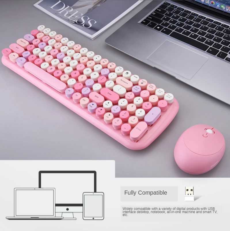 Keyboard Mouse Combos Cute Candy Color 2.4G Wireless Keyboard Mouse Combos USB Round Punk Keyboard and Optical Mouse Set kit For PC Laptop Gift Box